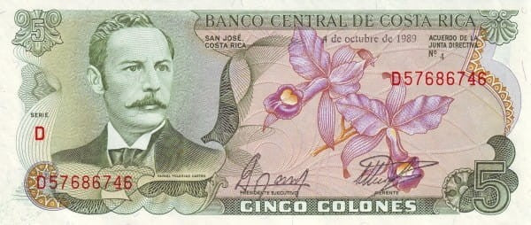 Kostaryka 5 colones Rafael Castro 1989 P-236d.19