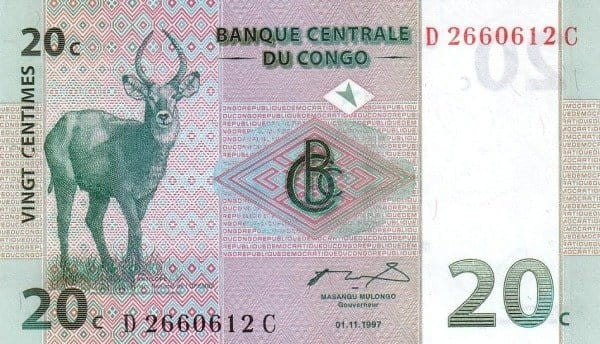 Kongo 20 centymów  antylopy 1997 P-83