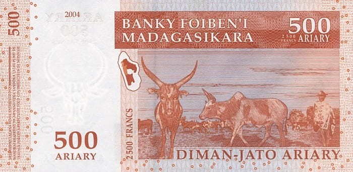Madagaskar 500 ariary Bydło Zebu 2004/08 P-88b