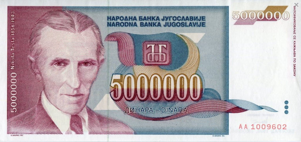 Jugosławia 5 mln dinarów Nikola Tesla 1993 P-121a