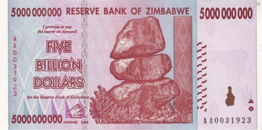 Zimbabwe 5 mld dolarów Kamienie 2008 p-84a